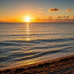 The horizon at sunrise, with light shimmering over calm ocean waves and dew-kissed seaweed on the shore.
