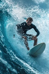 A surfer is riding a wave on a yellow surfboard