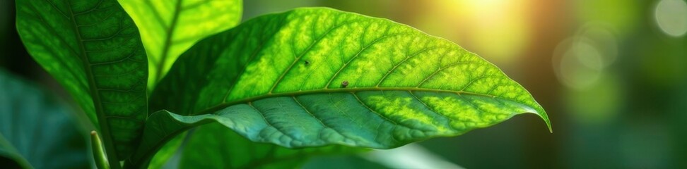 Large tropical leaf, intricate detail, sunlit, flora, color