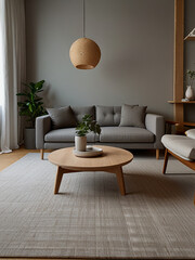 A minimalist Scandinavian living room with a sleek grey fabric sofa, 