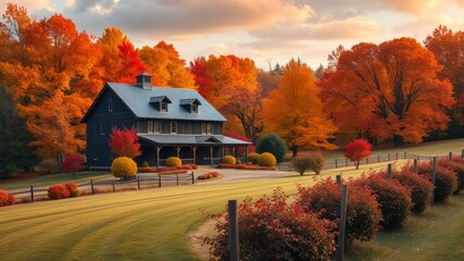 Fall Farmhouse Panorama - Stunning Autumn Colors, Bright & Sharp, Professional AI Photo