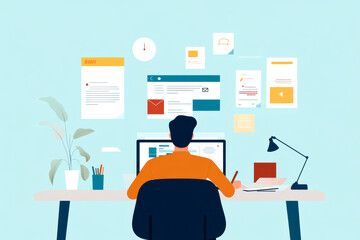 A person working at a desk with a computer, surrounded by digital notes and a plant, creating a productive workspace atmosphere.