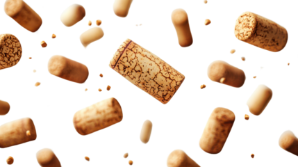 Wine bottle cork falling isolated on white background