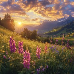 Obraz premium create sunrise landscape of summer switzerland country side with beautiful sun lit sky and clouds with large flowers in the foreground