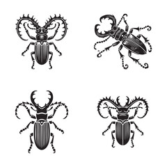 4 Set of Black Silhouettes of False Longhorn Beetle Showcasing Intricate Elegance in Black and White