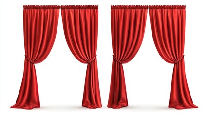 Red theater stage curtain closed and open, long and short top border isolated on white background. Realistic 3d vector illustration set of velvet cloth drapery of cinema, concert or theatre scene.