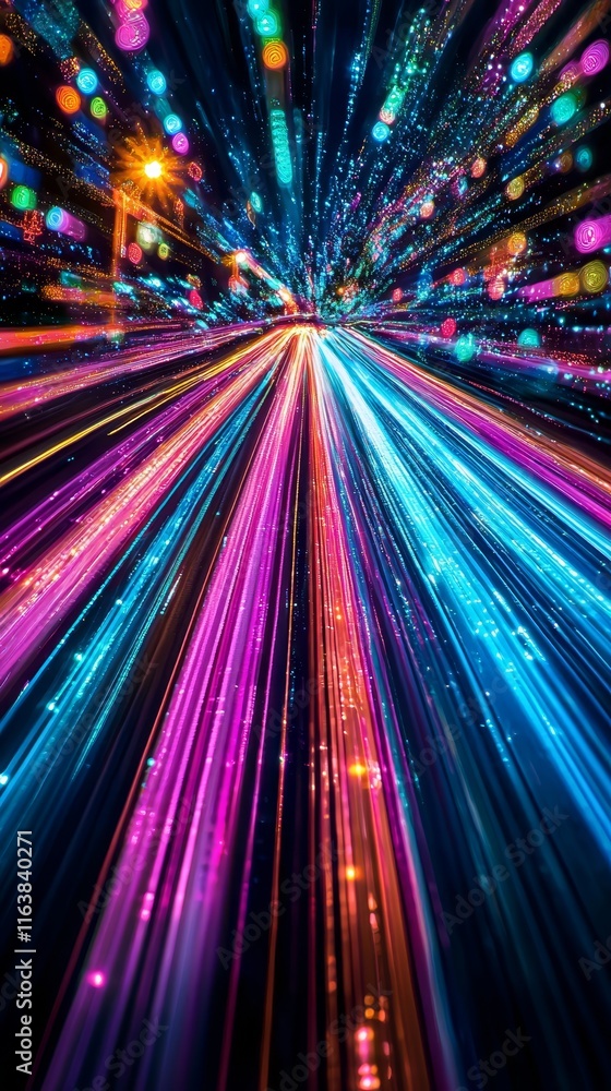 Poster colorful light trails create a vibrant abstract design representing speed and movement in a digital 