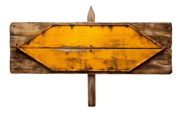 Old yellow road sign arrow, isolated on transparent background