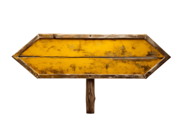 Old yellow road sign arrow, isolated on transparent background