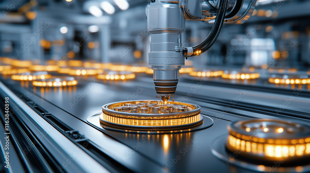 Poster robotic arm assembling circuit boards in high tech factory