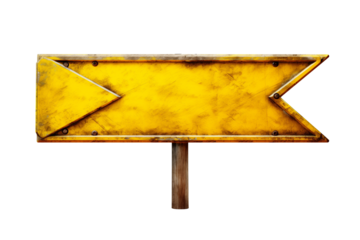 Old yellow road sign arrow, isolated on transparent background