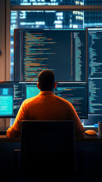 A person sits in front of multiple screens displaying code in a dark room, illuminated by city lights outside the window.