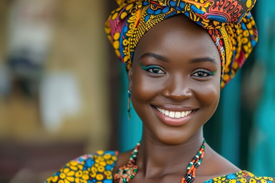 Yoruba woman smiling in colorful traditional attire