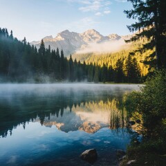 serene mountain lake at sunrise with mist