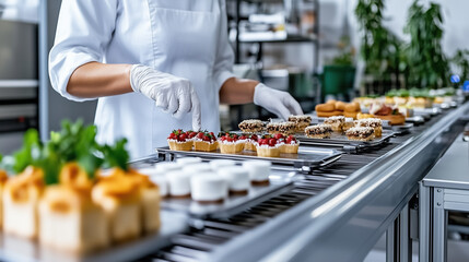 Pastry chef decorating desserts in professional kitchen