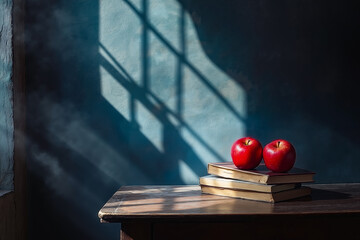 Two red apples sitting on top of a stack of books on a table