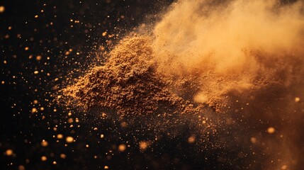 Explosion of coffee beans and powder. Vector realistic illustration of shredded roasted ground coffee and arabica grain pieces with splash of brown dust isolated on transparent background