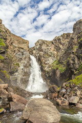 Kurkure waterfall. Chulyshman mountain valley, Ulagan district, Altai republic, Russia.