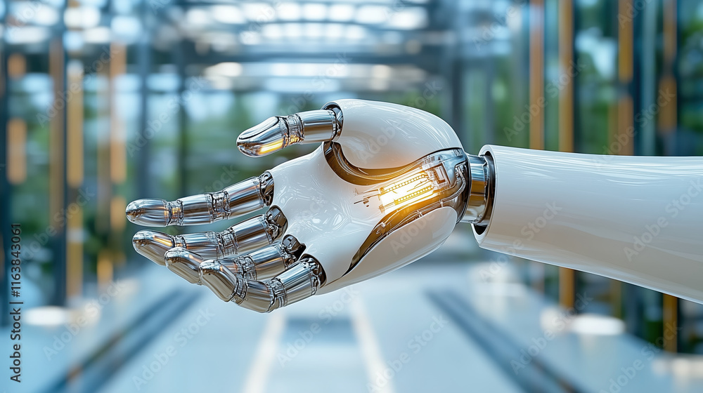 Poster robotic hand with glowing circuit in modern setting