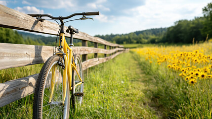 Naklejka premium Yellow bicycle leaning on wooden fence in sunny field