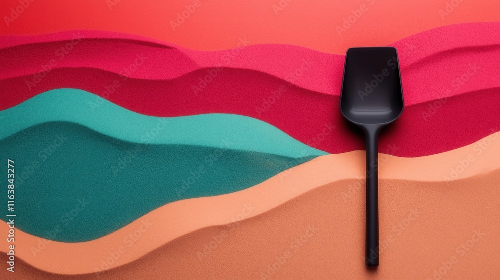 Aufkleber an and surreal image depicting a shovel carving into a mesmerizing multicolored sand landscape creat