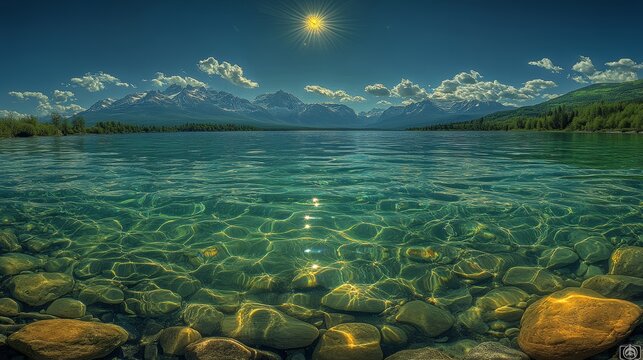 Kookiness Lake's clear and emerald green water, with snow capped mountains in the distance illuminated by the sun. - Powered by Adobe