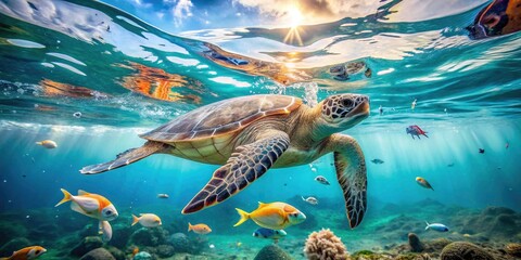 Fototapeta premium Sea Turtles Swimming Amidst Plastic Waste - Minimalist Photography of Ocean Pollution and Marine Life Protection