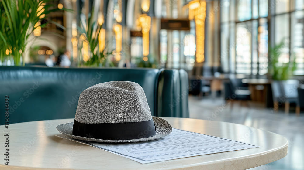 Poster stylish hat on table in modern cafe setting
