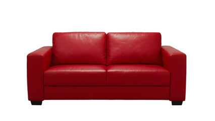 Fototapeta premium A red leather sofa with a modern and minimalist design on a transparent background. It has clean lines, low-profile arms, and sleek metallic legs.