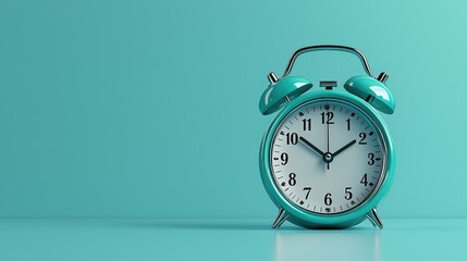 A vintage-style turquoise alarm clock on a minimalist background.