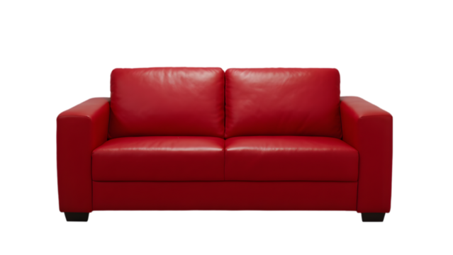 A red leather sofa with a modern and minimalist design on a transparent background. It has clean lines, low-profile arms, and sleek metallic legs.