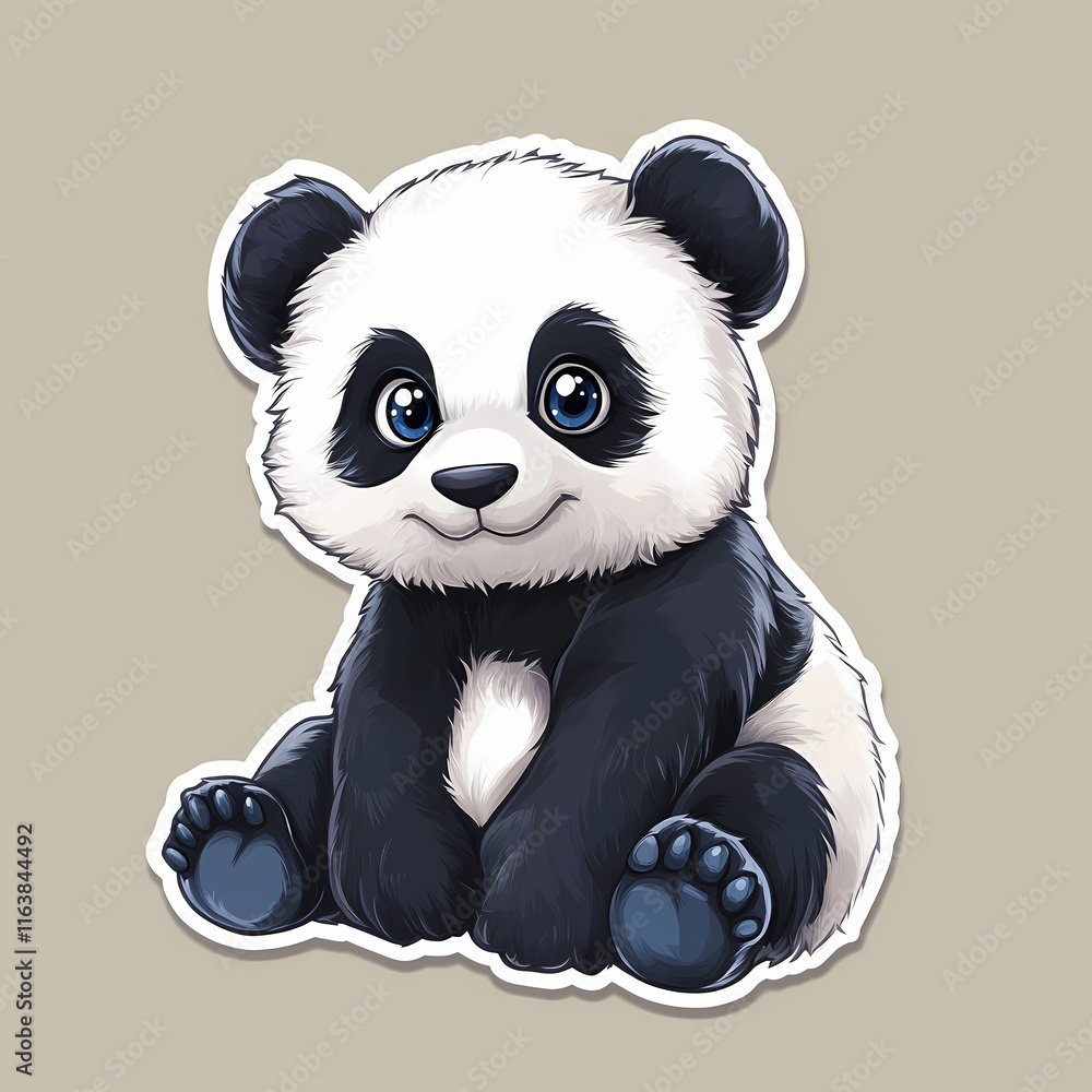 Poster cute cartoon panda sitting with a playful expression on a solid background. generative ai