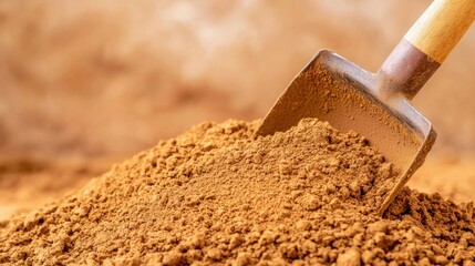 Shovel embedded in a pile of golden sand at a construction site  Earthwork excavation and mining concept with industrial equipment and resources