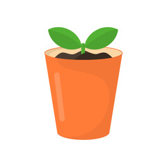 Green sprout with two leaves in a flower pot. Isolated on a white background, flat design. Colored icon, spring vector illustration. Garden and indoor plant. 