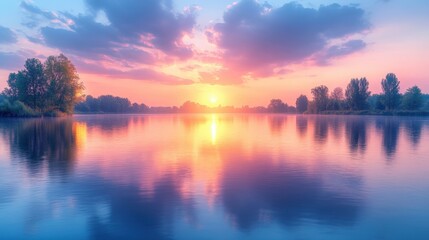 Naklejka premium Serene sunrise over calm lake reflecting colorful sky and trees.