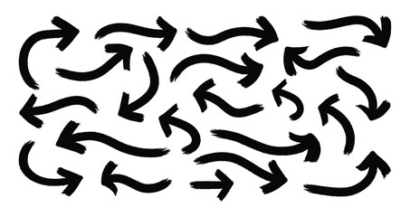 Various brush drawn curved arrows. Collection doodle  arrows in different directions. Hand drawn pointers. Curved and wavy brush strokes.
