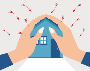 A mother’s big hands protect her home from flying arrows, showing her love and strength to keep her family and children safe from dangers. Concept of Mother's Day, Women’s Day. Vector illustration