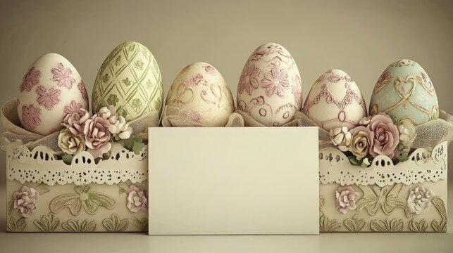 Decorative Easter eggs arranged with flowers and a blank card for personalization.