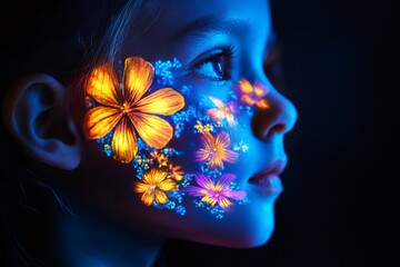 Girl with fluorescent flowers painted on her face in the dark
