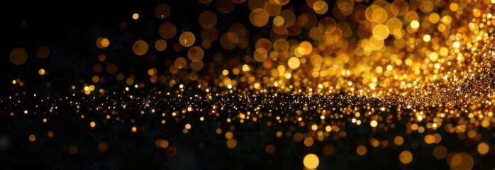shimer golden background, sparkling golden particles, black backdrop, shimmering texture, holiday celebration feel
