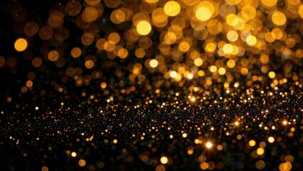 shimer golden background, sparkling golden particles, black backdrop, shimmering texture, holiday celebration feel
