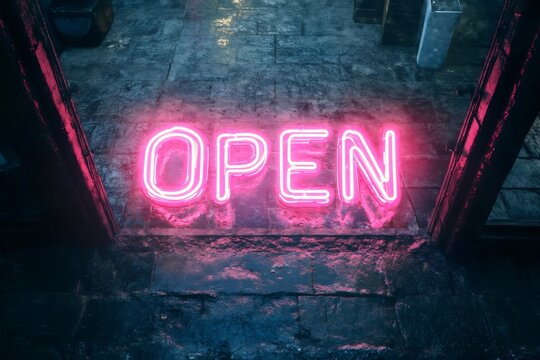 Pink neon sign saying open on rainy cobblestone street at night