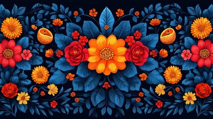 Colorful Floral Pattern with Bold Flowers and Leaves on Black Background