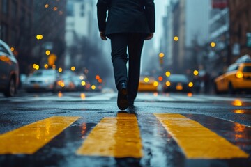 Businessman walking on wet crosswalk in city traffic