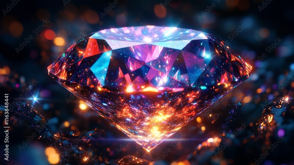Poster crystal rainbow light flare overlay vector effect. diamond prism sparkle with optical iridescent ref