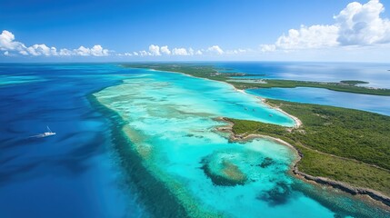 Obraz premium Aerial View of Lush Tropical Island and Vibrant Blue Ocean Waters