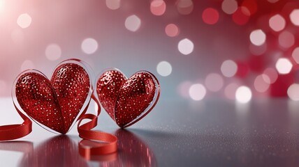 Fototapeta premium Valentines Day Decoration Ribbon Shaped Hearts On Shiny Background