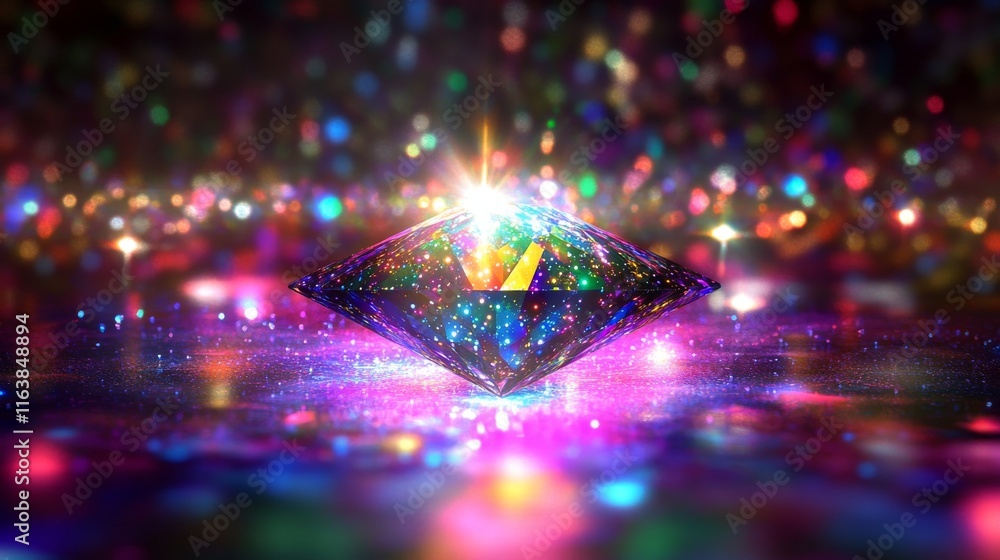 Poster crystal rainbow light flare overlay vector effect. diamond prism sparkle with optical iridescent ref