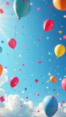 Confetti falling from sky with colorful balloons, balloons floating, celebration