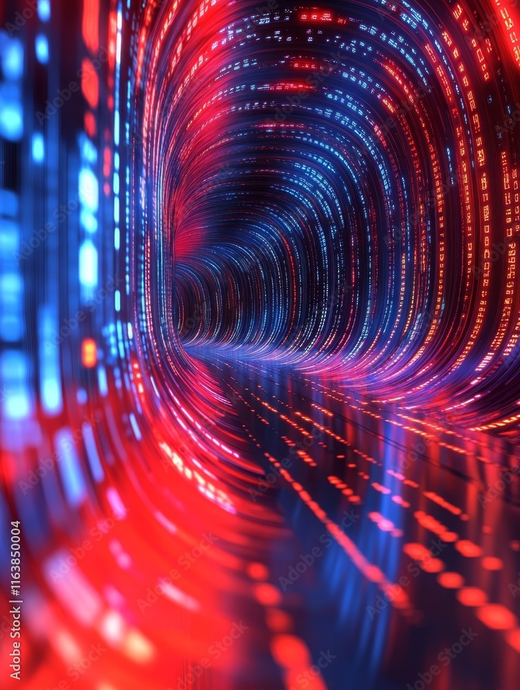 Poster a technology data background image with blue and red colors, reflecting the rapid recording of data.